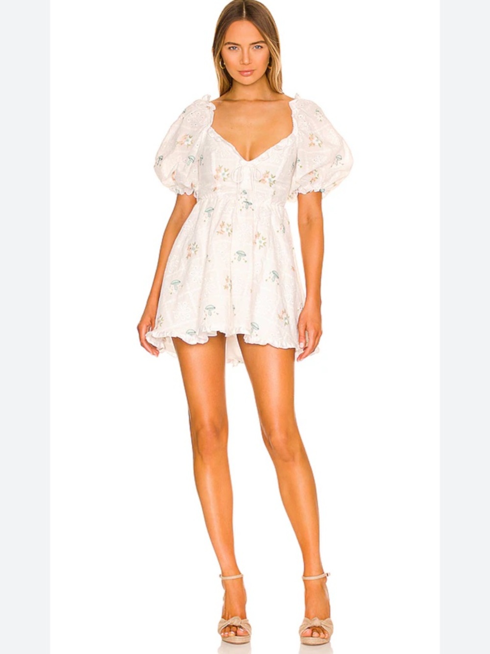 For Love And Lemons Yolanda puff sleeve Mushroom Embroidered Mini
Dress Sz M